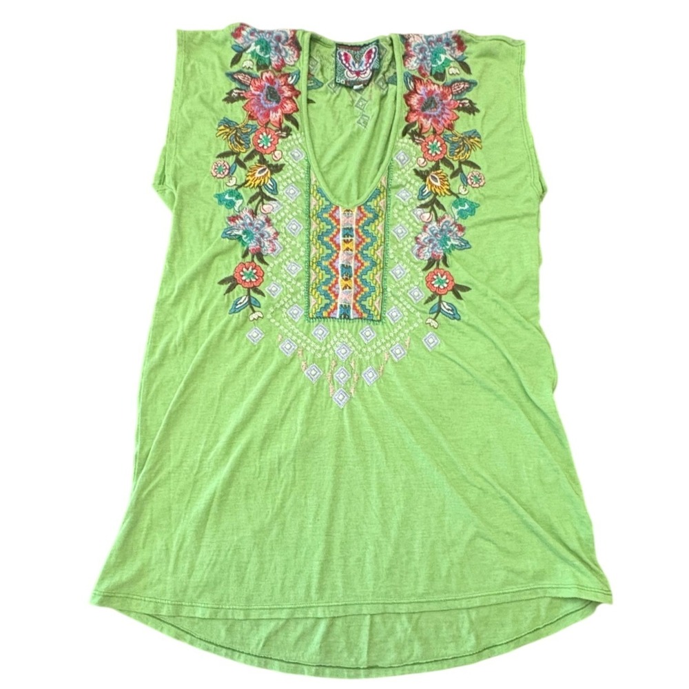 Johnny Was Embroidered Tunic Top Womens Small Lime Green Floral Boho Blouse